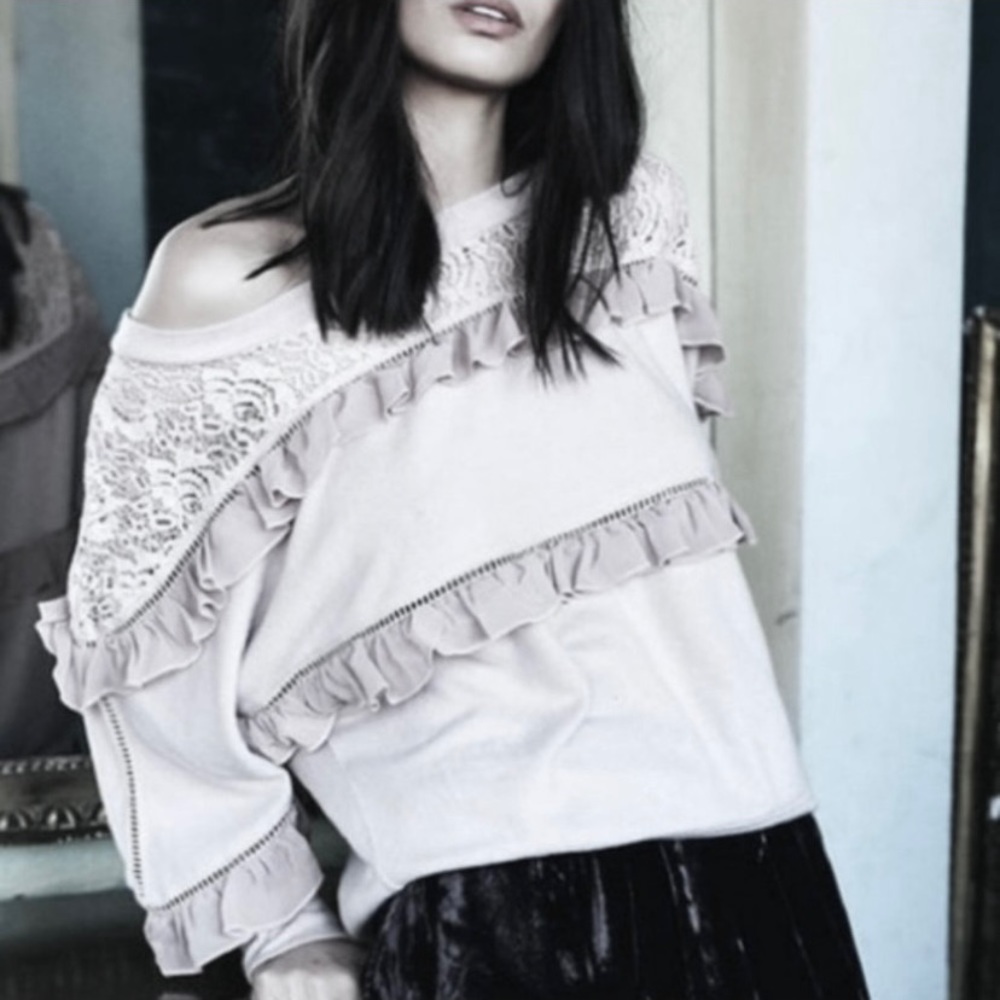 Anthropologie Off-Shoulder Lace Ruffle Sweatshirt in Cream